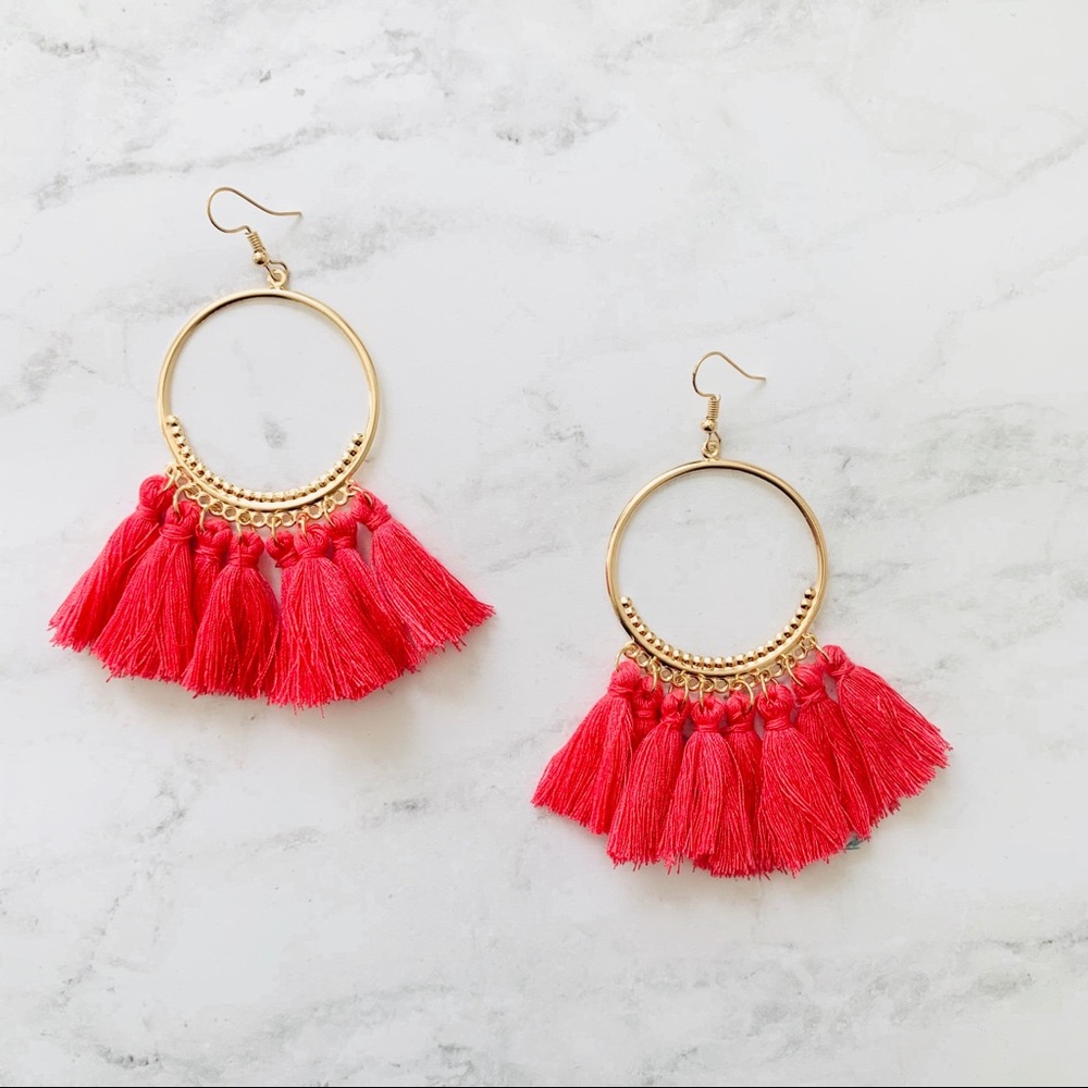 🛍Hot Pink & Gold Boho Fringe Earrings